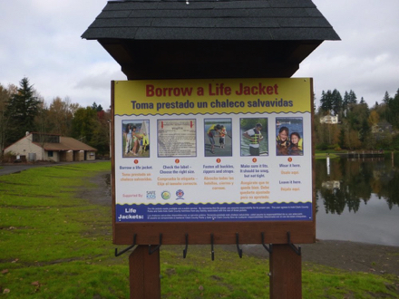 Kiosk at Klineline Ponds for borrowed life jackets – roped off area in the summer with lifeguards – restrooms